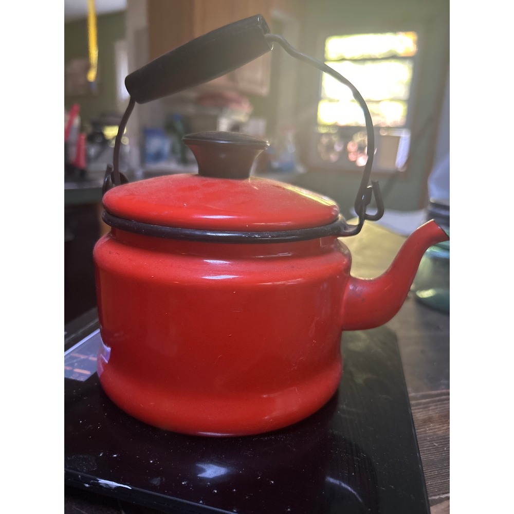 Vintage Red Enamel Tea Kettle Stovetop Teapot Black Handle Retro Kitchenware